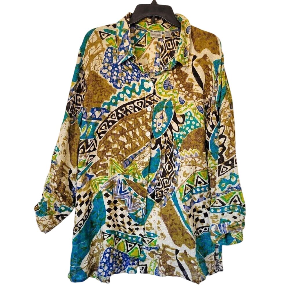 Chico's Vintage Funky Abstract 70s Button Down Shacket Linen Tunic Plus XL - Picture 1 of 6